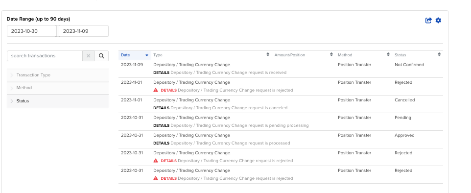 The transaction history showing depository switch in portal. 