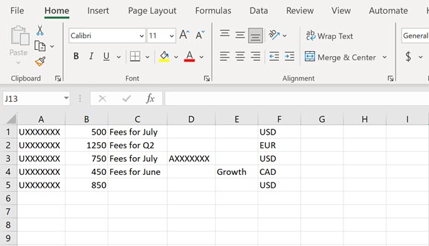 Image of an invoice sample .csv file. 