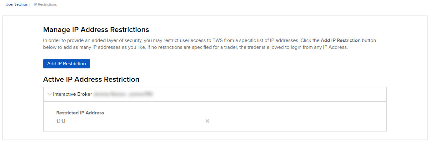 Image of the manage IP address restrictions panel in Portal. 
