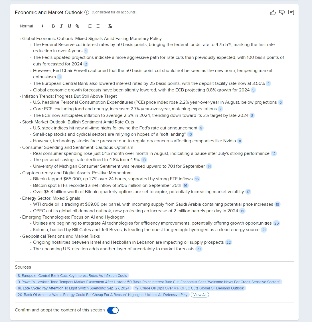 Image of the commentary generator sample economic and market outlook in advisor portal. 