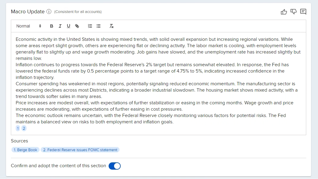 Image of the commentary generator sample macro update in advisor portal. 