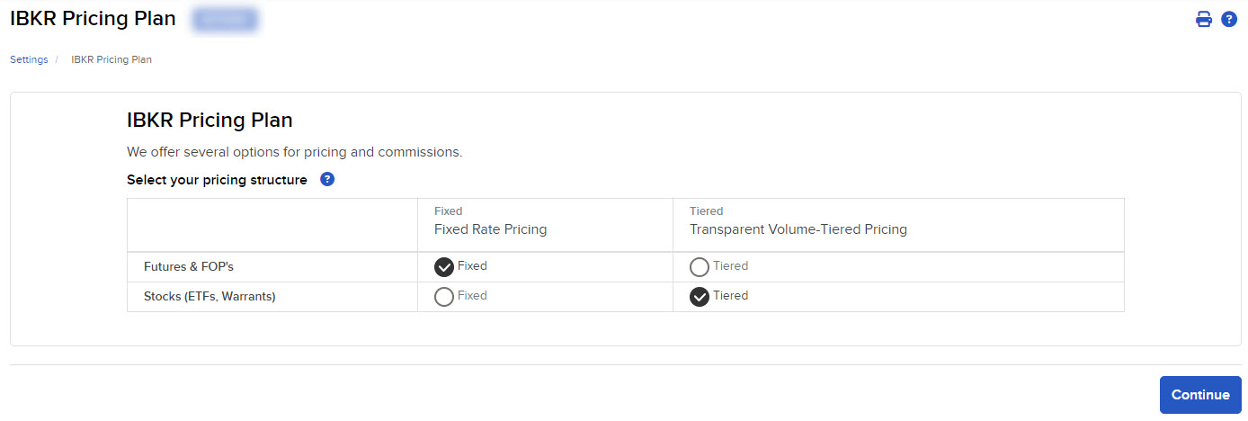 The IBKR pricing plan panel in broker portal. 