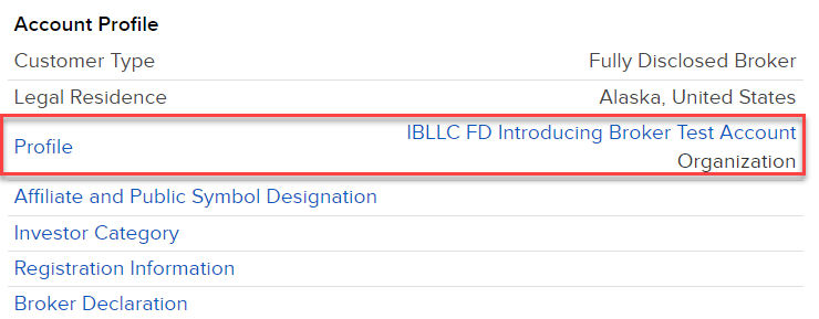 The account profile panel in broker portal. 