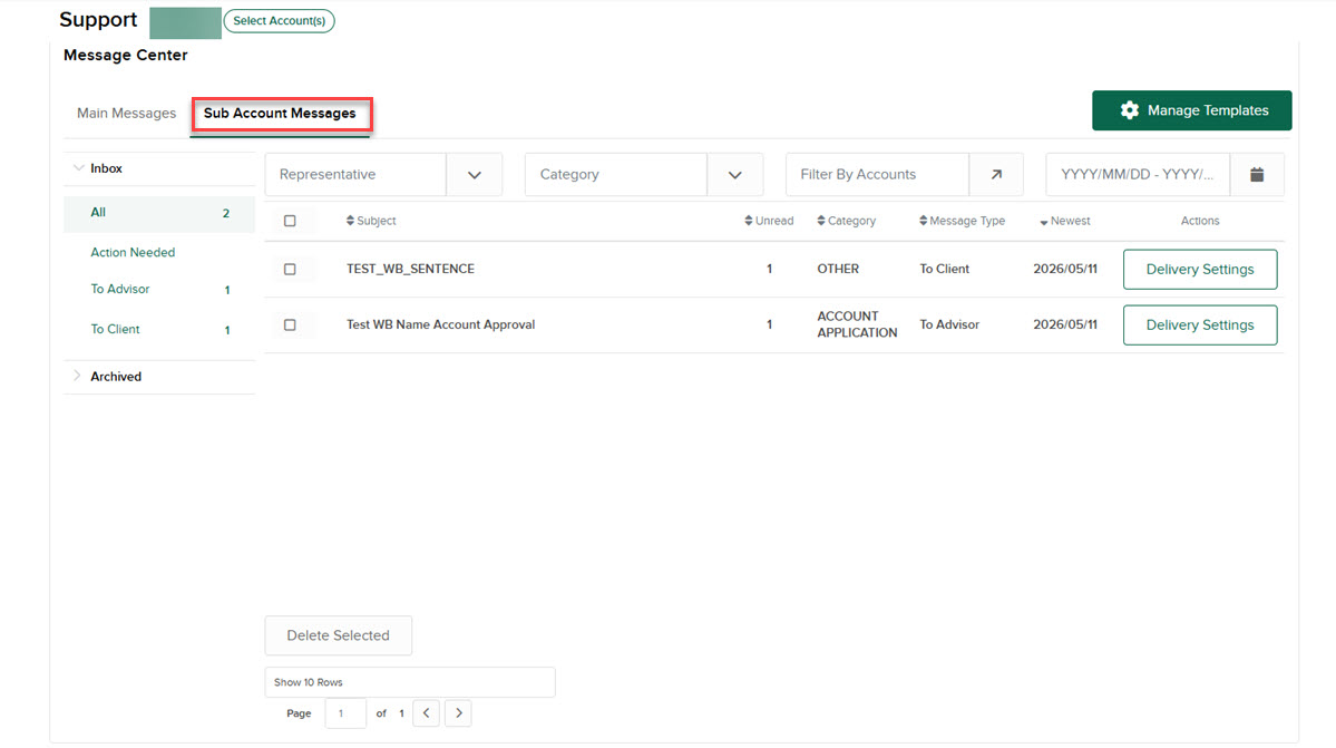 Sub Account Messages in Portals