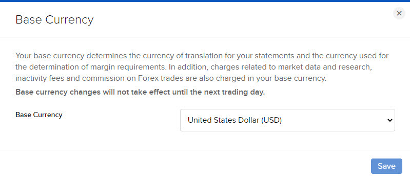 The base currency panel in client portal. 