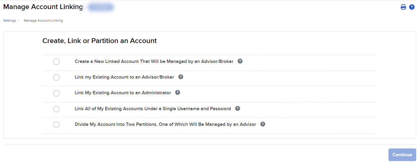 The create, link or partition an account panel in client portal. 