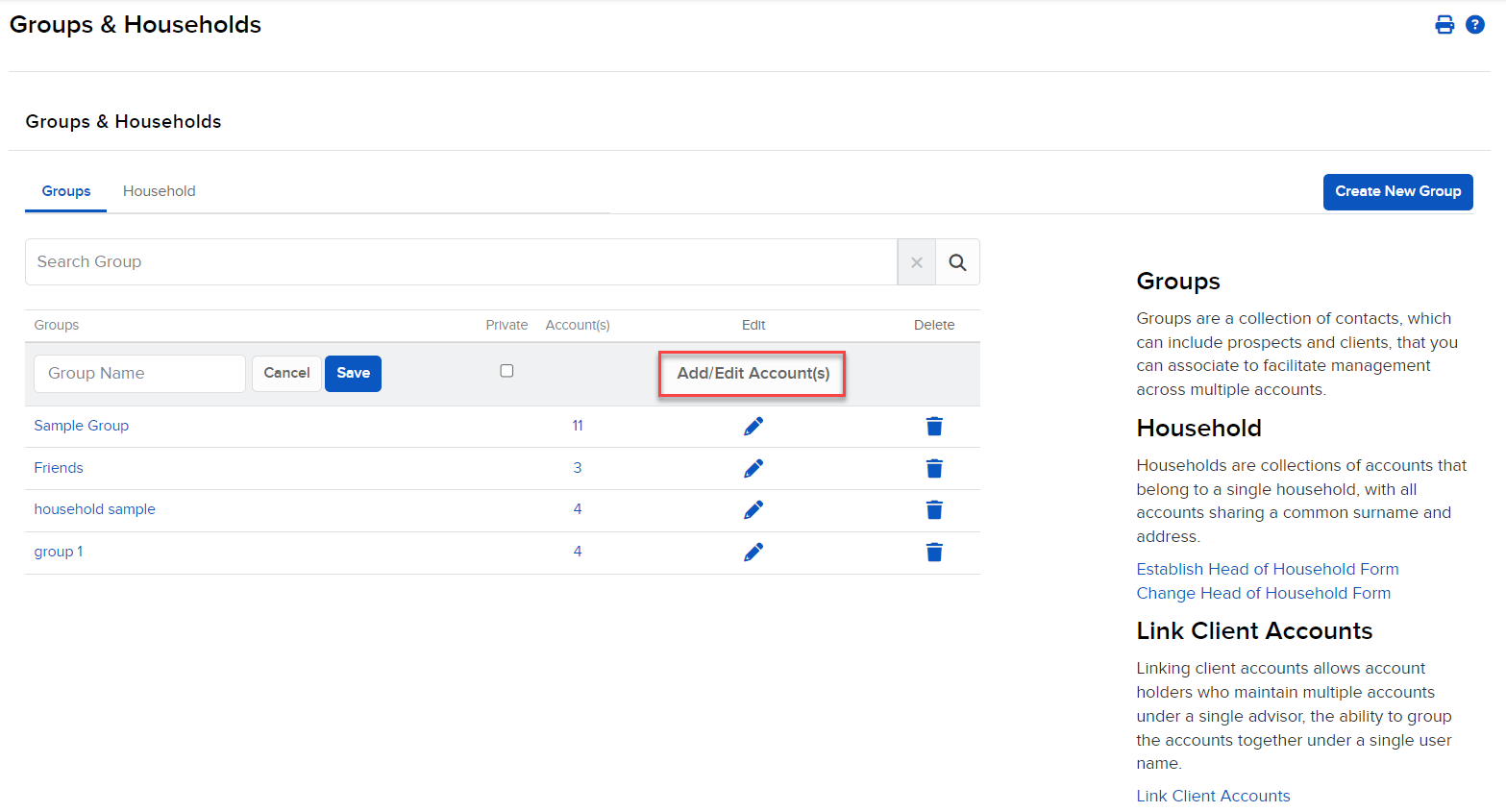Image of the gropus & households add/edit account(s) - groups panel in portal. 