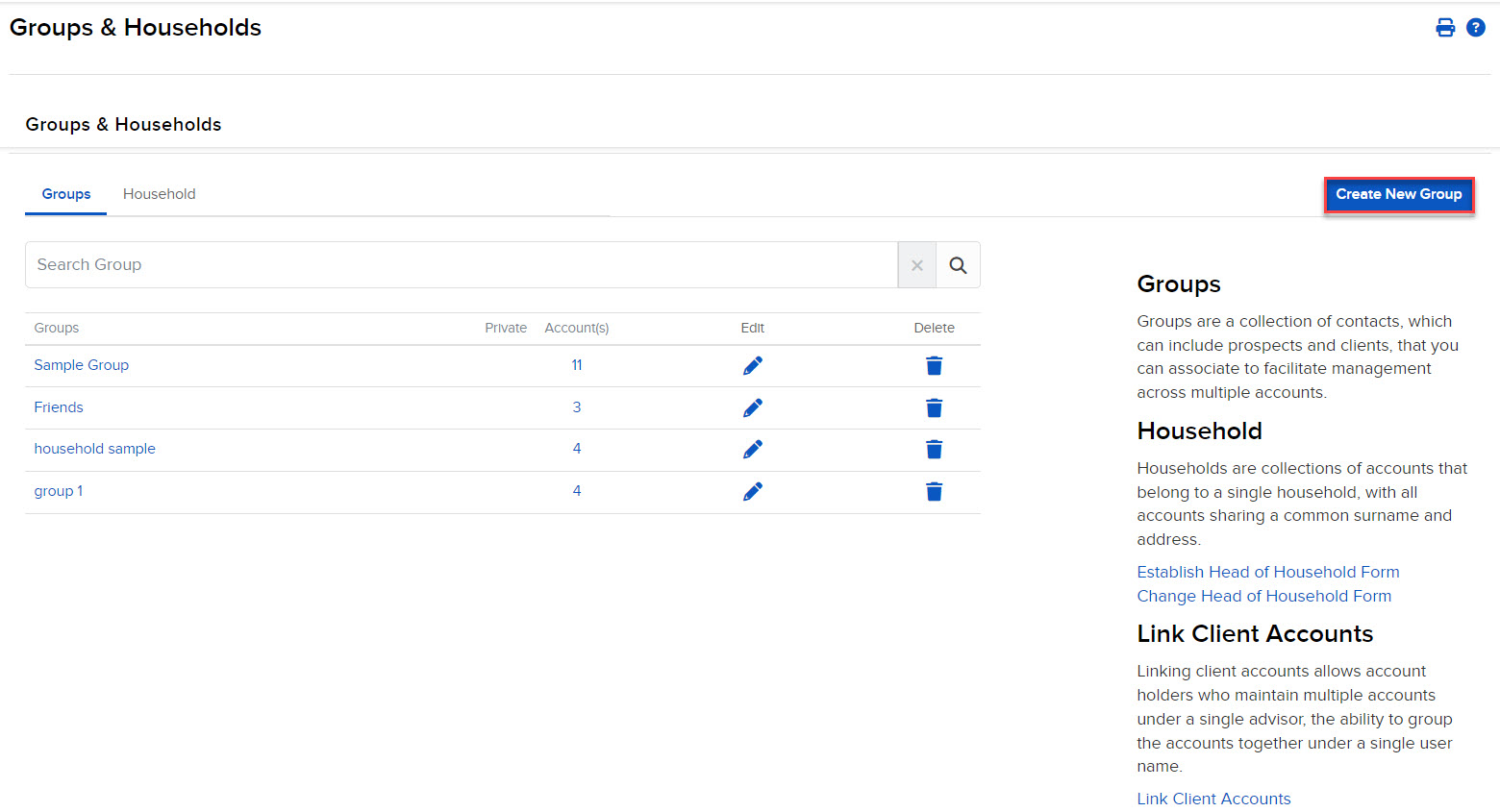 Image of the groups & households create a new group button in portal. 