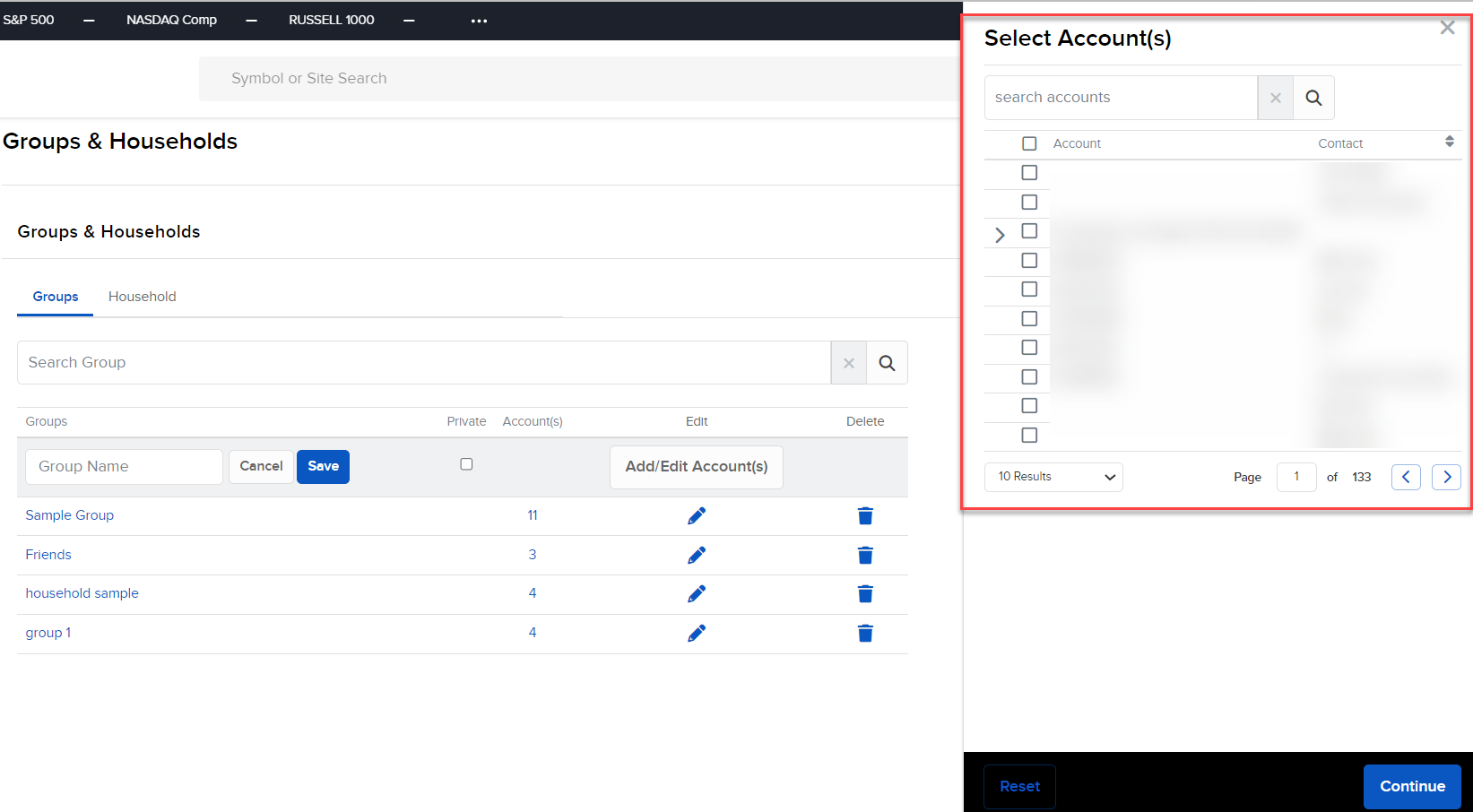 Image of the groups & households select account(s) groups panel in portal. 