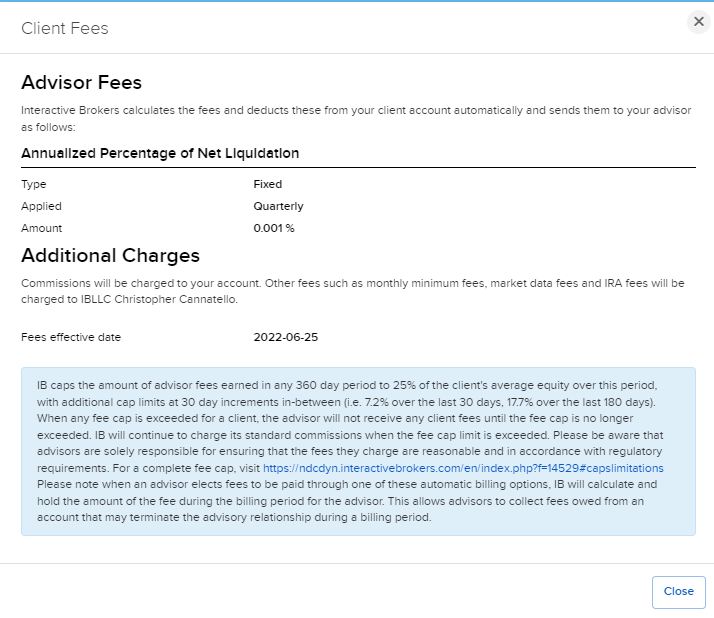 Image of the view fees panel in Portal. 
