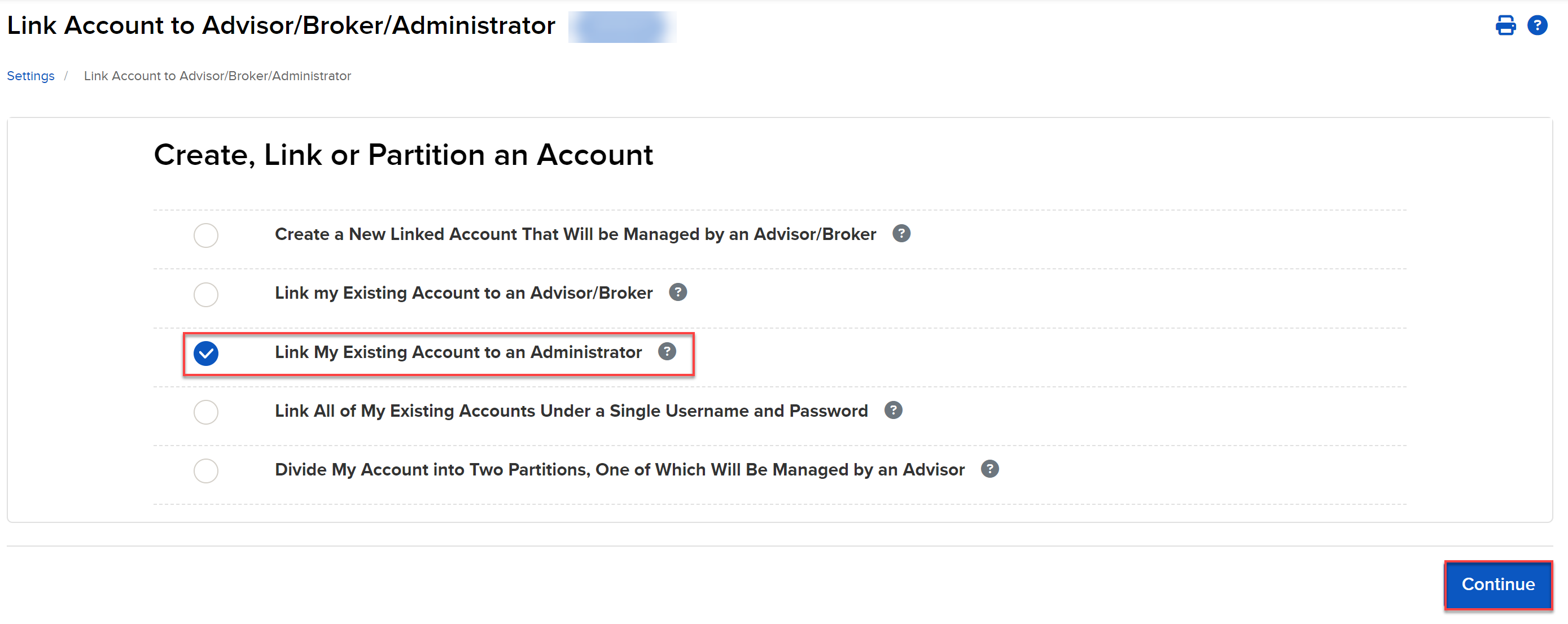 The link my existing account to an administrator selection in client portal. 