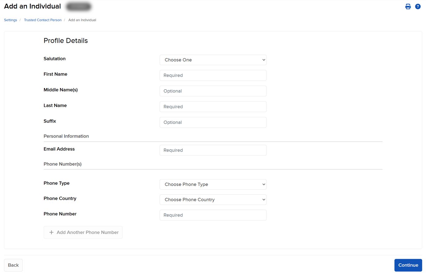 The add an individual panel in client portal. 