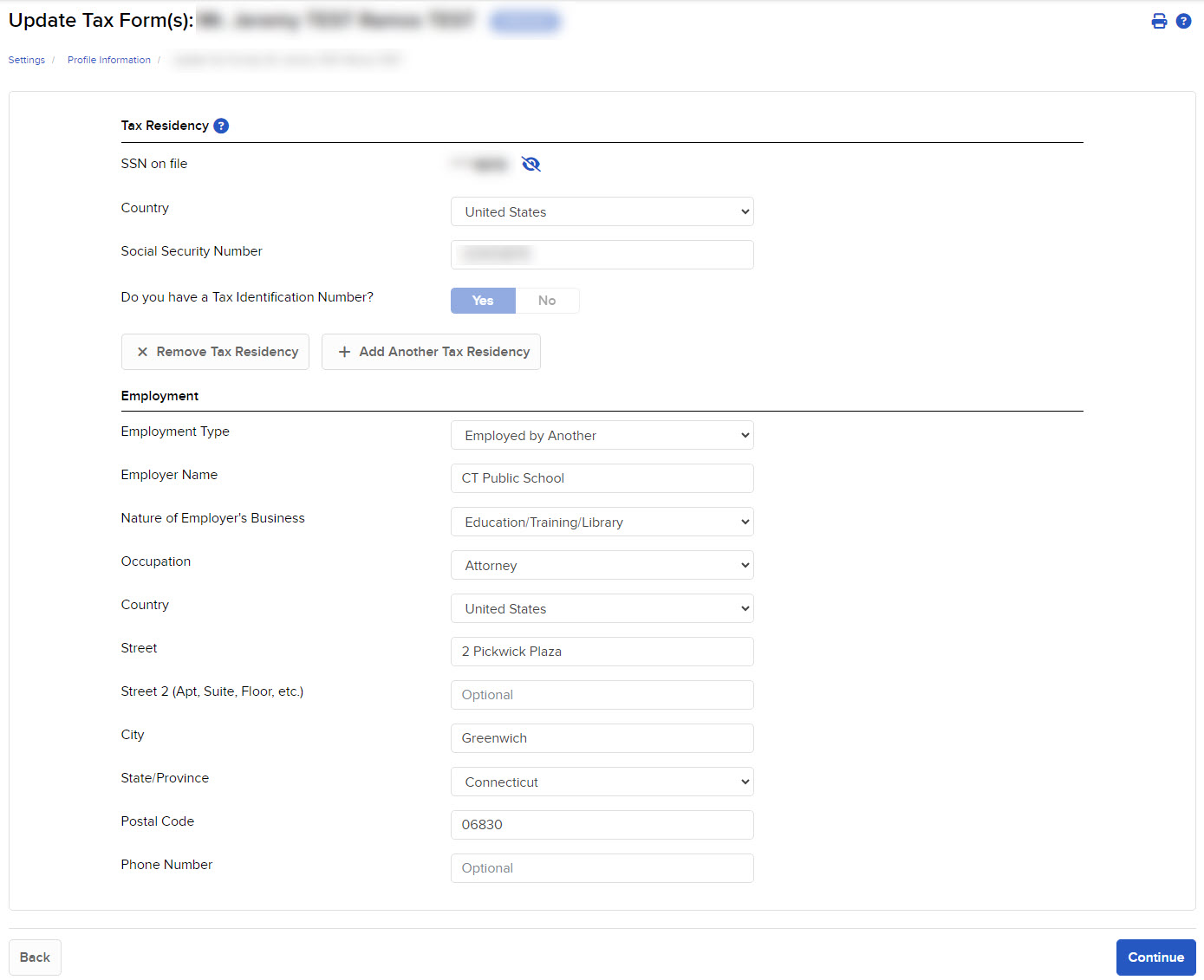 The update tax forms panel in client portal. 