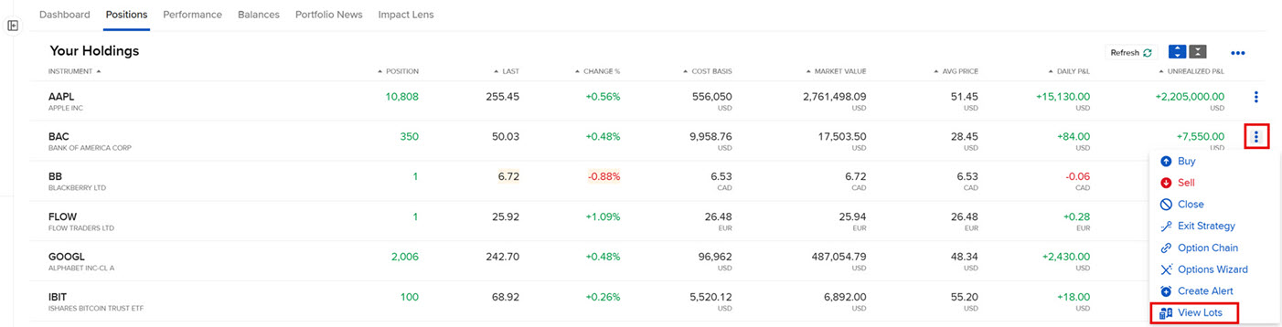 The view lots dropdown in Portal. 