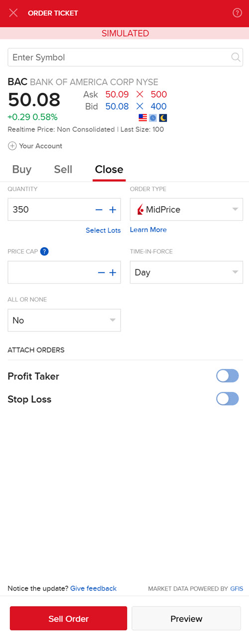 The close lots order entry panel in portal.