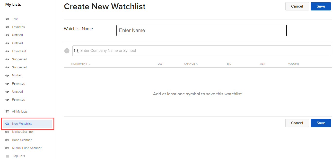 Image of the create new watchlist panel in Portal. 