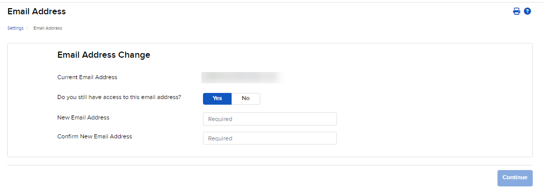 The email address change panel 