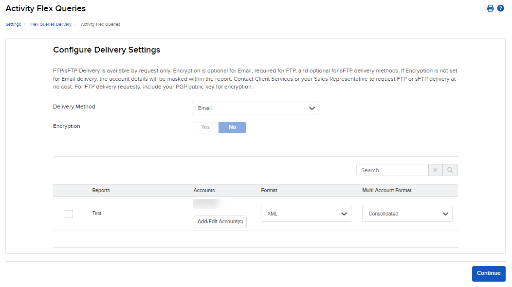 The flex queries delivery settings panel 
