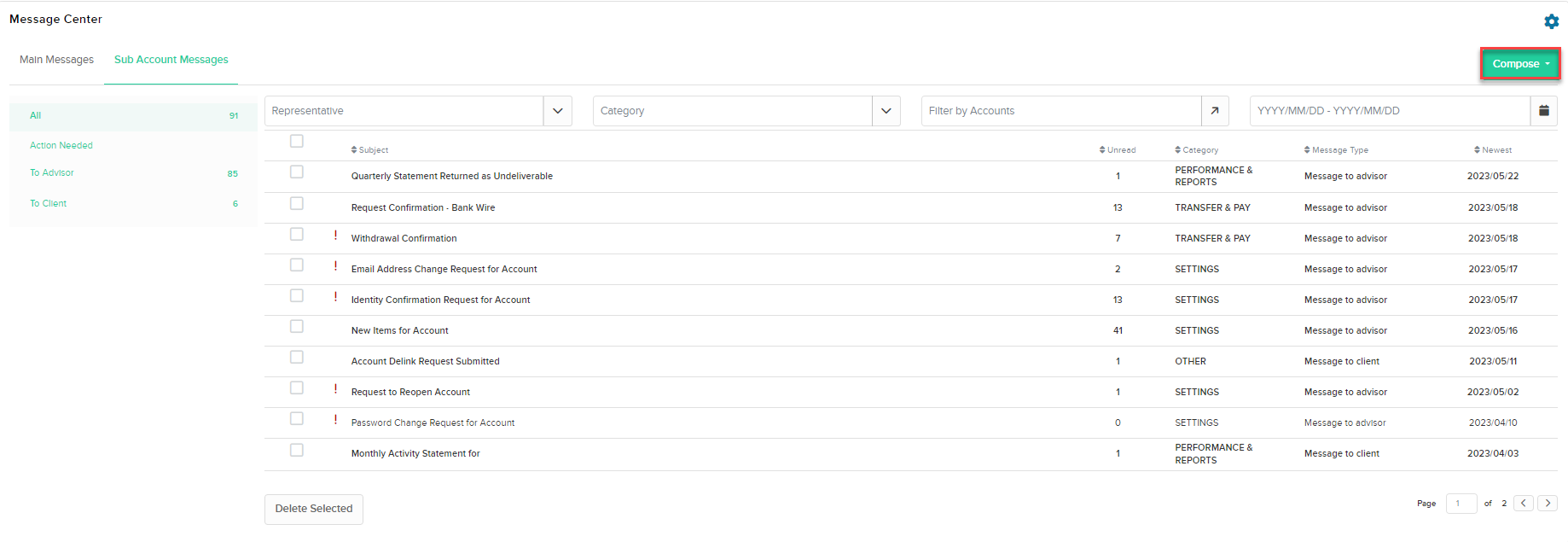 The compose sub account message button. 