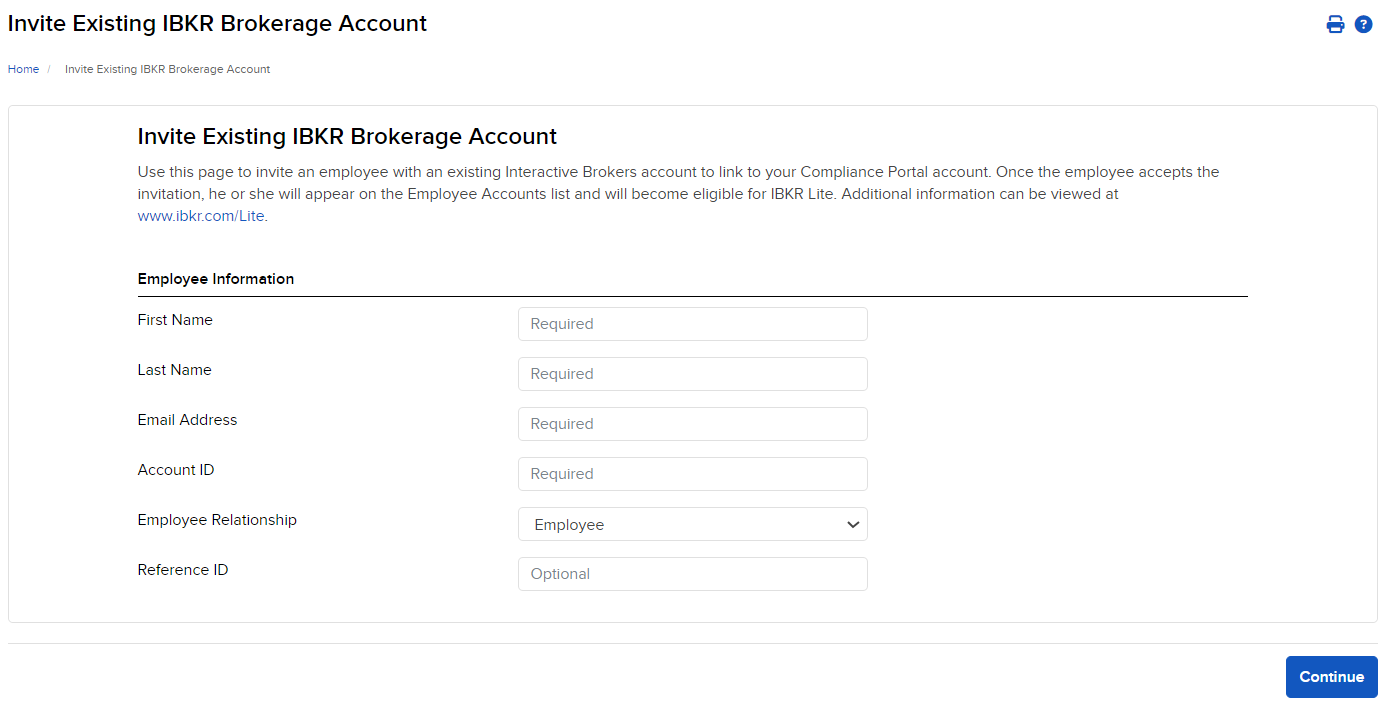 The invite existing IBKR brokerage account panel. 