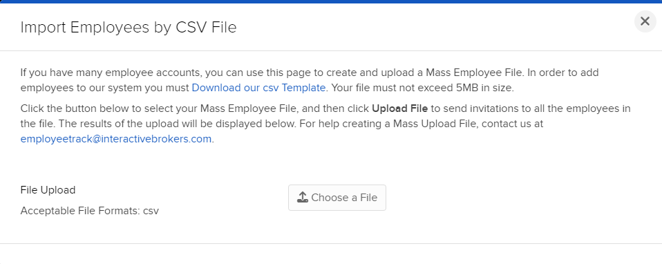 The import employees by CVS file panel. 