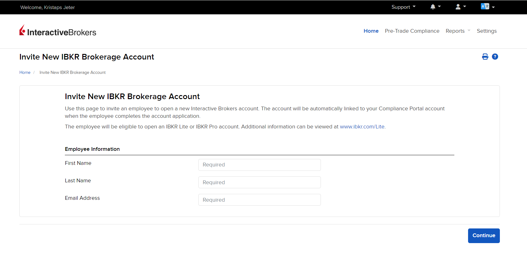 The invite new IBKR brokerage account panel. 
