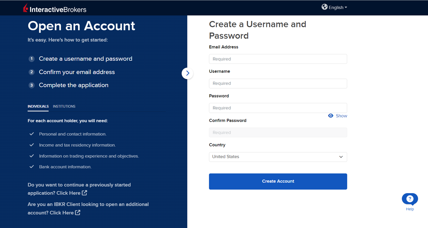 The open an account page on the IBKR website. 