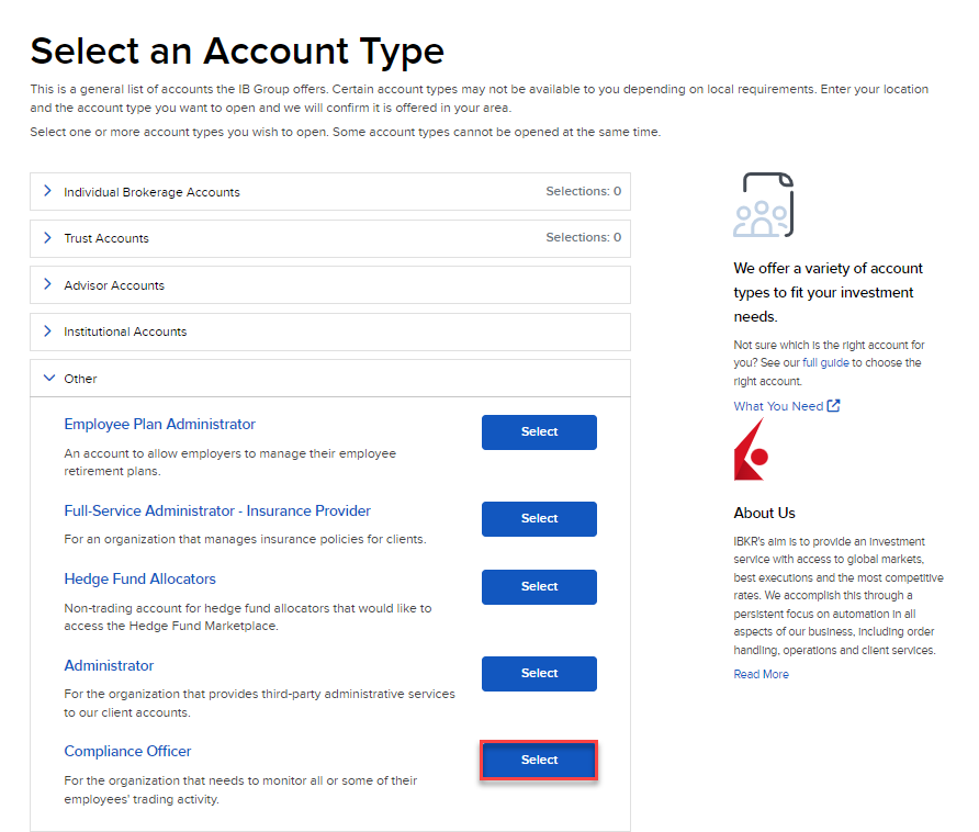 The select an account type 