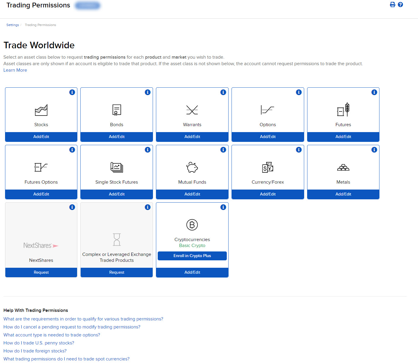 The trading permissions panel 