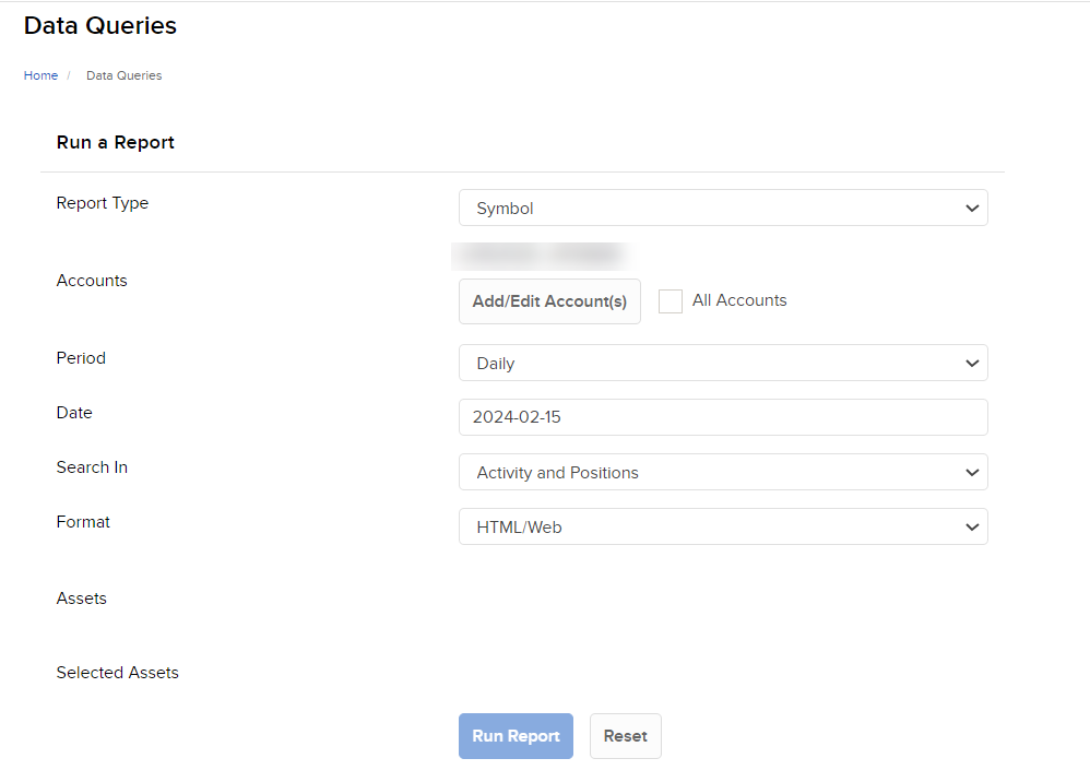 The data queries report parameters panel. 