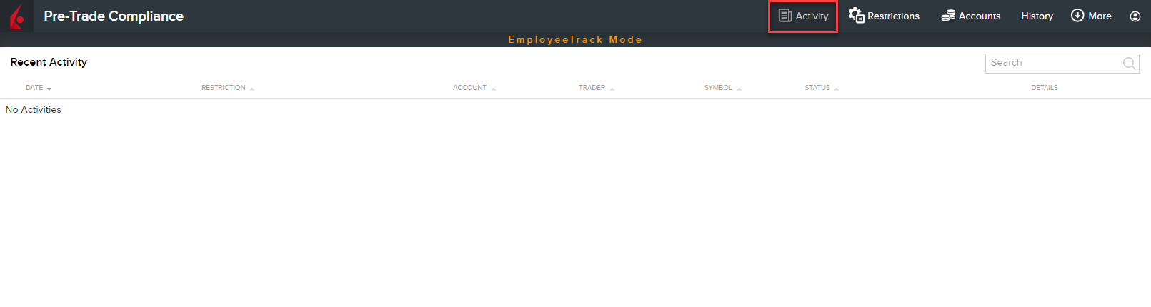 The pre-trade compliance activity tab. 