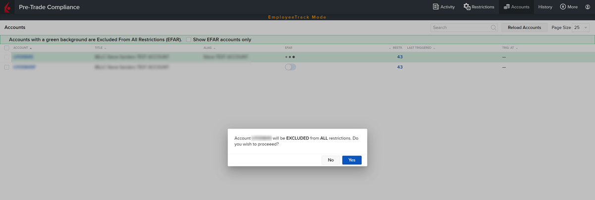 The pre-trade compliance exclude account confirmation pop-up. 