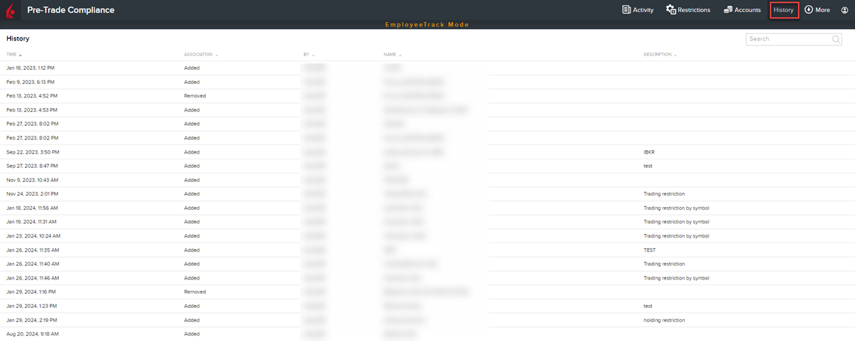 The pre-trade compliance restriction history tab. 