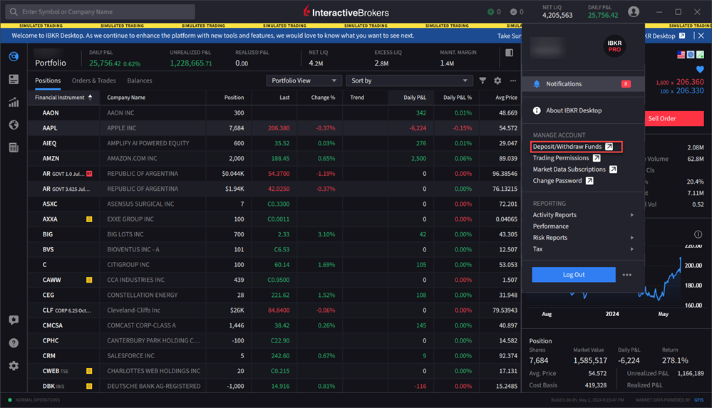 The deposit/withdraw funds menu on IBKR Desktop. 