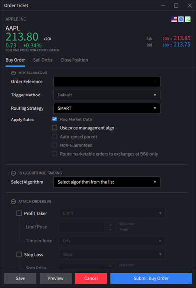 The rapid order entry advanced window. 