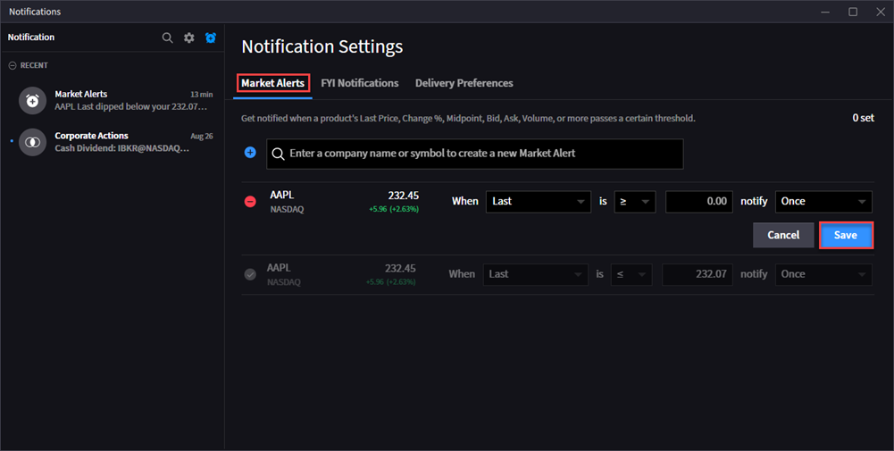 The notification settings