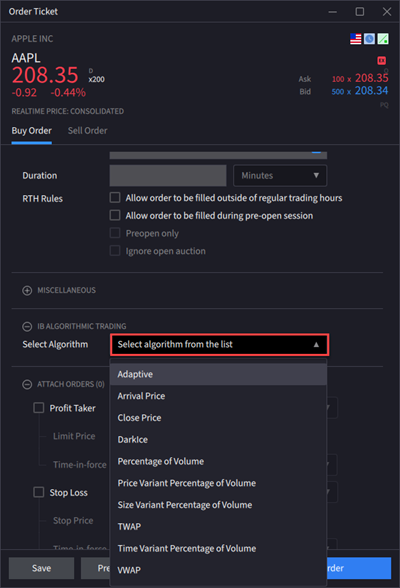 The advanced window select algorithmic trading drop-down