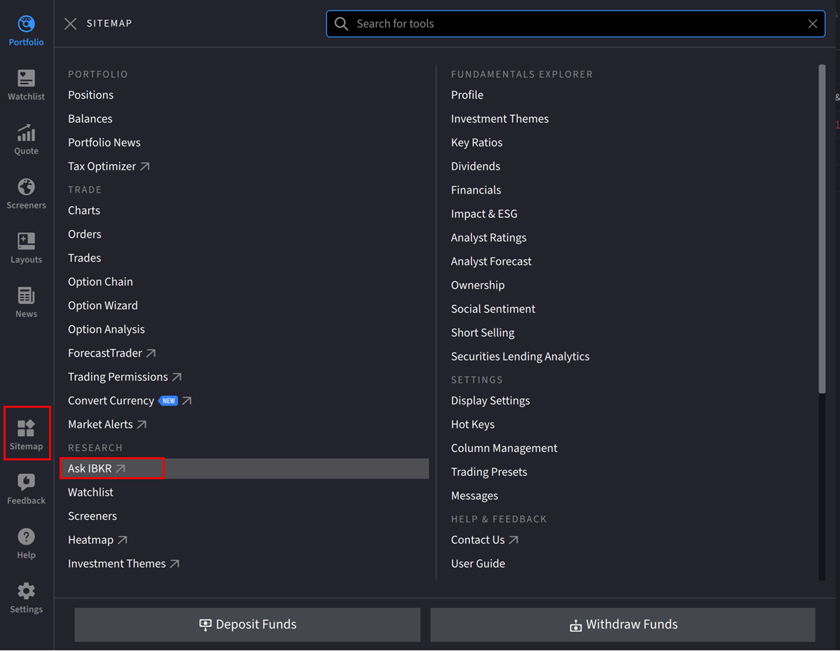 Ask IBKR Sitemap on IBKR Desktop