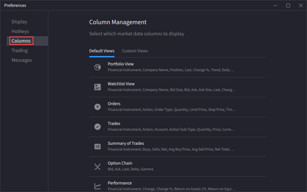 The columns tab