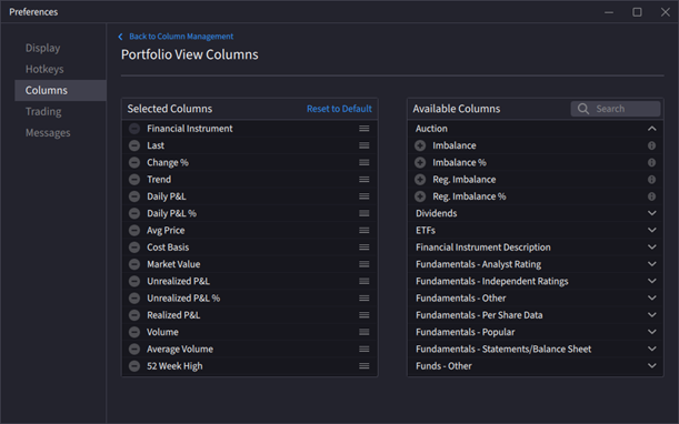 The add/remove columns menu. 