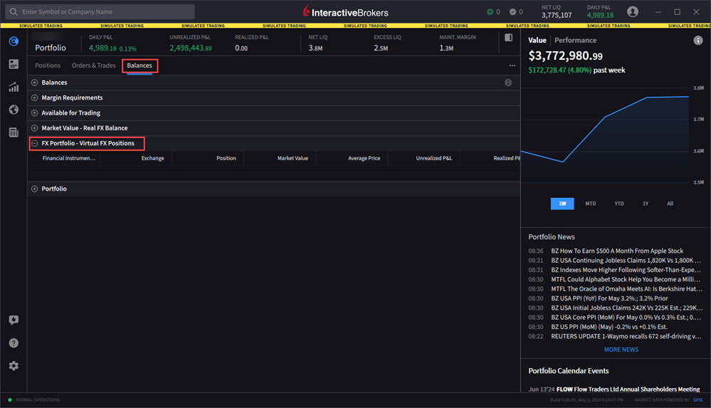 The portfolio balances FX portfolio - virtual FX positions section