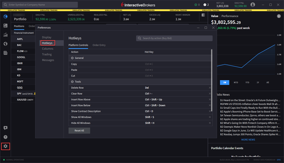 The hotkeys menu