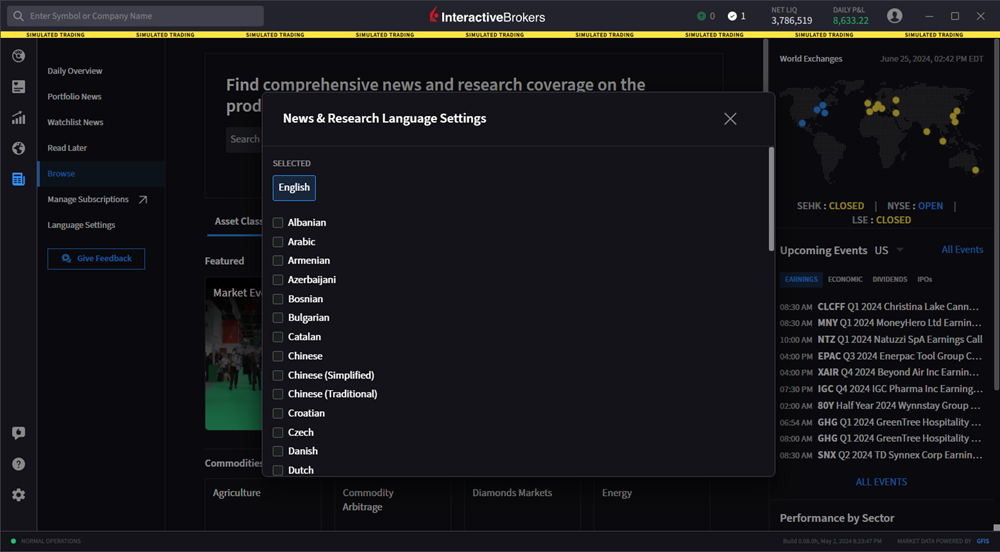 The language settings tab. 