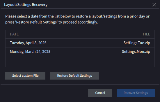 The layout/settings recovery page
