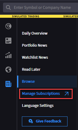 The manage subscriptions tab under news. 