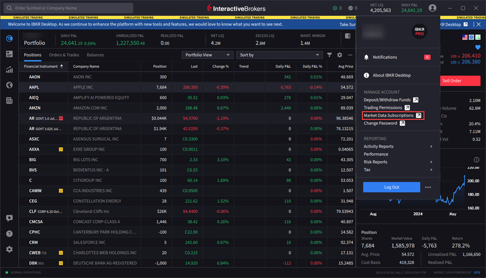 The market data subcription menu on IBKR Desktop 