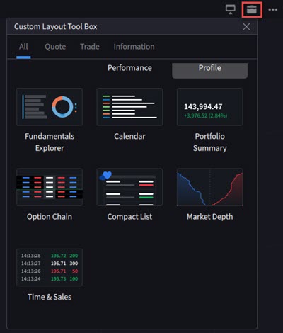 The add additional windows in custom layout panel. 