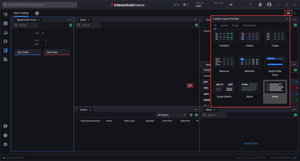 The custom layout tool box panel. 