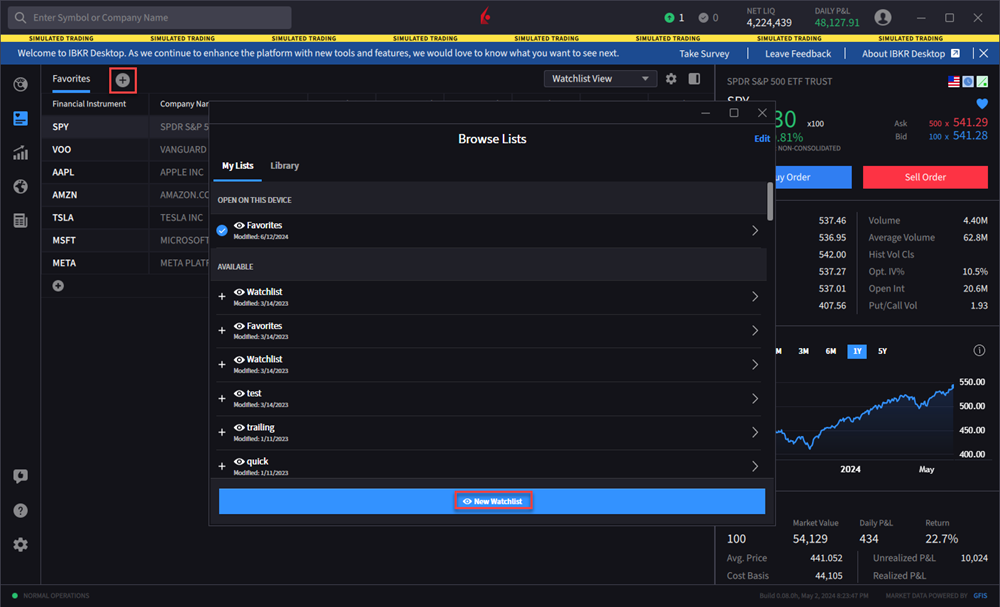 Adding a new watchlist on IKBR Desktop. 