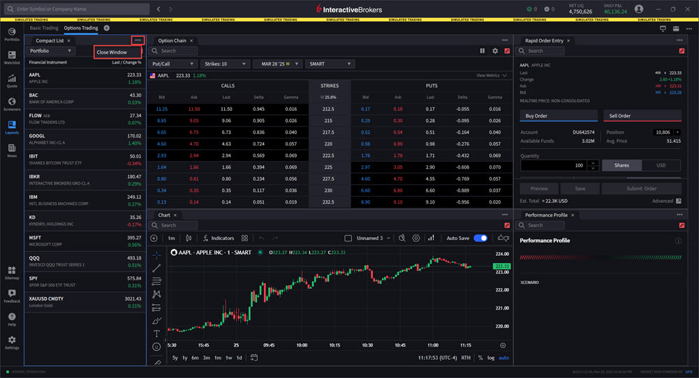 My Layouts 3 Dots Close Options Trading Window